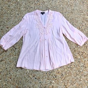 Spense Peasant Boho Blouse Pale Pink Lace Neckline Size XL
